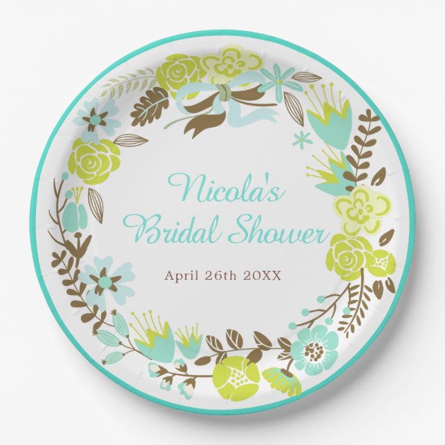 Assiettes En Carton Green & Brown Floral Wreath Bridal Shower (Devant)