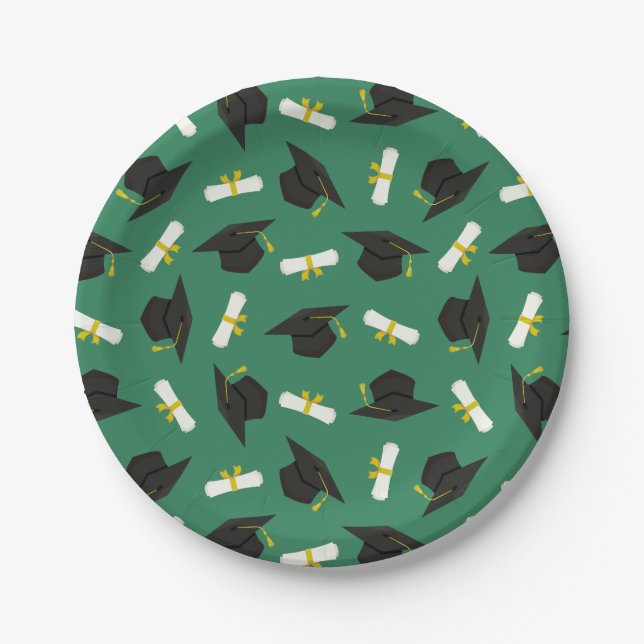 Assiettes En Carton Green Caps Diplomas Pattern Graduation Party (Devant)