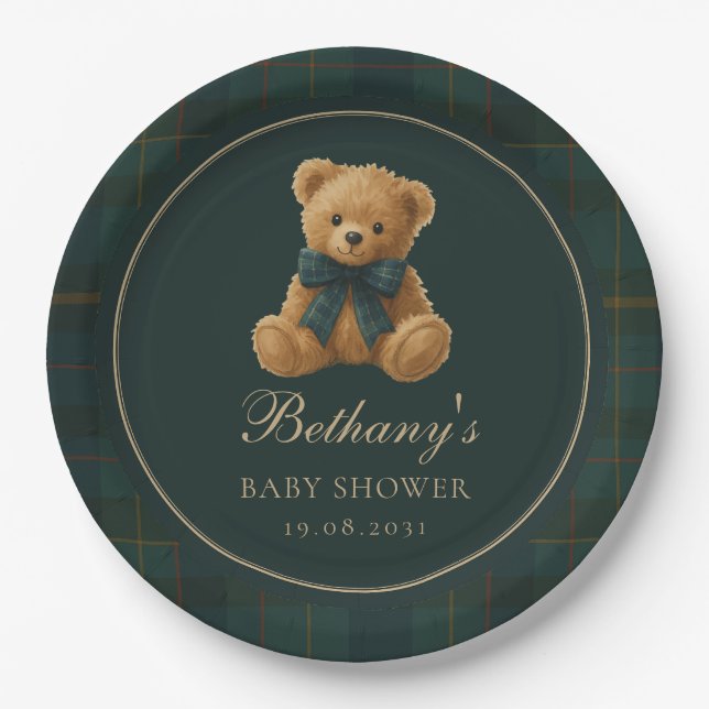 Assiettes En Carton Green Check Polo Teddy Bear Baby Shower (Devant)