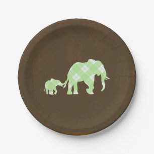 Assiettes En Carton Green Elephants Brown tendance Baby shower moderne