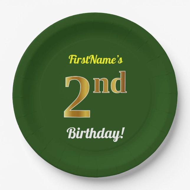 Assiettes En Carton Green, Faux Gold 2e anniversaire + Nom personnalis (Devant)