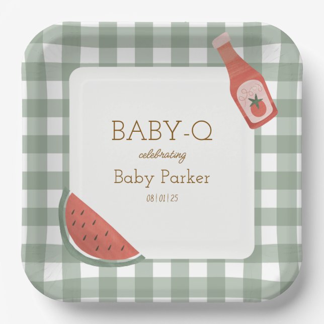 Assiettes En Carton Green Gingham Baby-Q Square Plate (Recto)