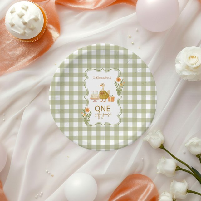 Assiettes En Carton  Green Gingham Silly Goose 1st Birthday (Créateur téléchargé)