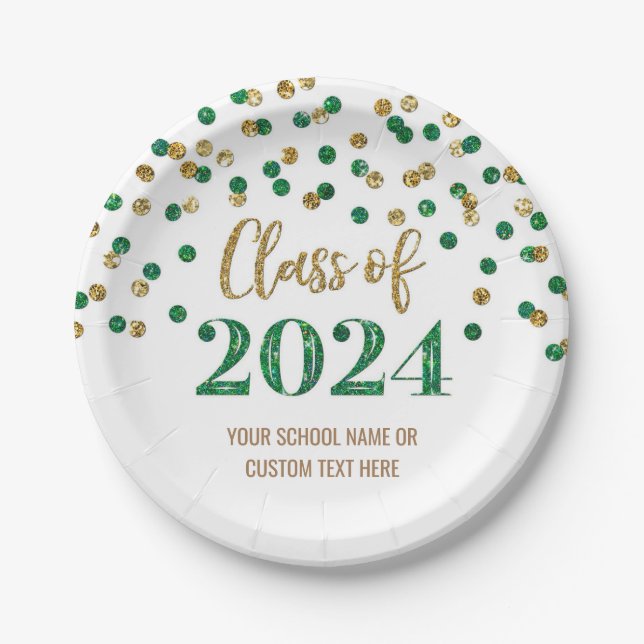 Assiettes En Carton Green Gold Confetti Graduation 2024 (Devant)