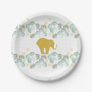 Assiettes En Carton Green & Gold Elephant Safari Jungle Zoo