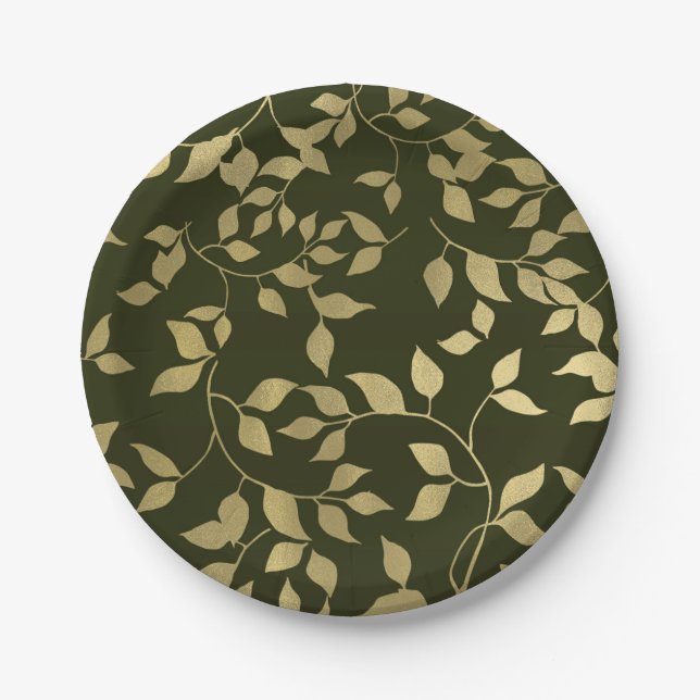 Assiettes En Carton Green & Gold Faux Foil Mariage Feuille botanique (Devant)