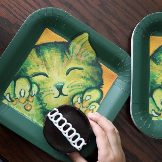 Assiettes En Carton Green Kitty Chat Caturday Design de chatons d'art (Créateur téléchargé)