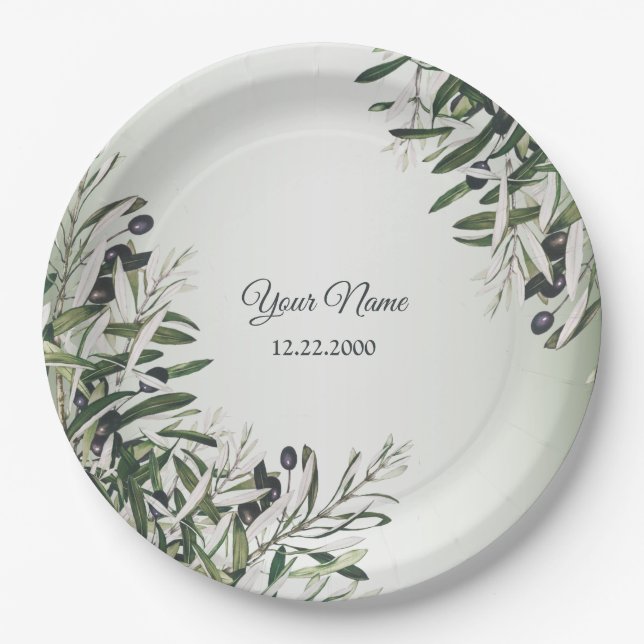 Assiettes En Carton Green Leaves Black Olive Elegant Wedding Party (Devant)