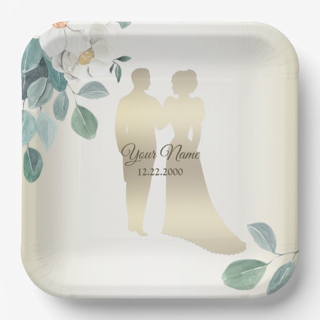 Assiettes En Carton Green Leaves Flower Golden Frame Wedding Party (Recto)