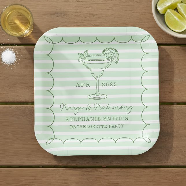Assiettes En Carton Green Margs and Matrimony Bachelorette Party  (Set the tone for a lively pre-wedding celebration with this mint green “Margs & Matrimony” plate.)
