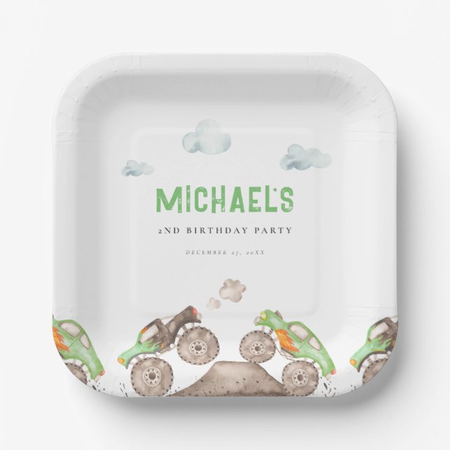 Assiettes En Carton Green Monster Trucks Jam Anniversaire (Recto)