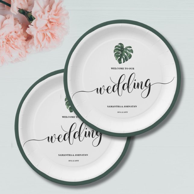 Assiettes En Carton Green Monstera Leaf Mariage accueil Plaques de pap (Créateur téléchargé)