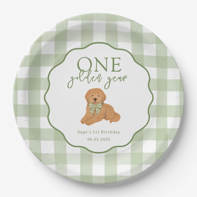 Assiettes En Carton Green One Golden Year Goldendoodle 1st Birthday (Devant)