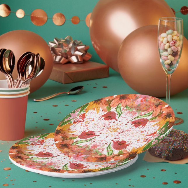 Assiettes En Carton Green & Orange Modern Abstract Floral (Multi)