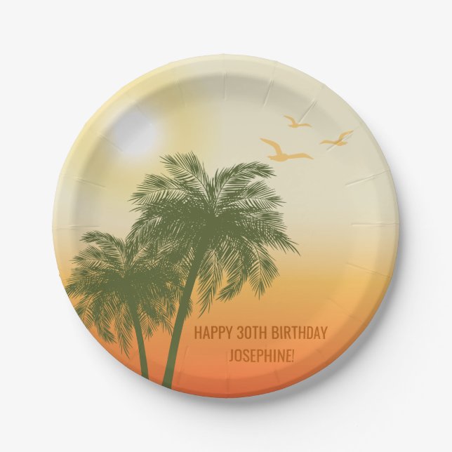 Assiettes En Carton Green Palm Trees Orange Sunset Tropical Birthday (Devant)