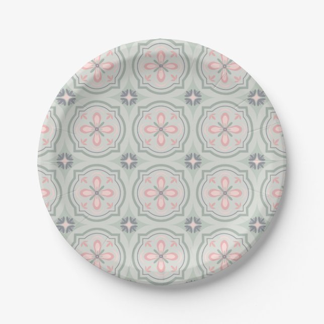 Assiettes En Carton Green Pastel Floral Tiles (Devant)
