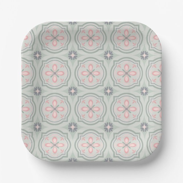 Assiettes En Carton Green Pastel Floral Tiles (Recto)