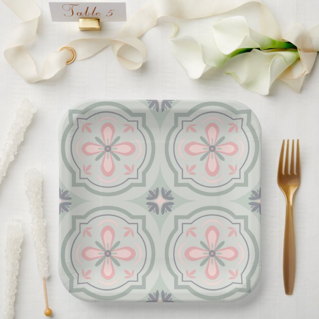 Assiettes En Carton Green Pastel Floral Tiles (Mariage)
