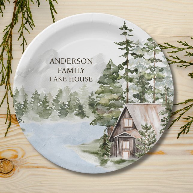 Assiettes En Carton Green Pine Forest Family Lake House Cabine (Close up)
