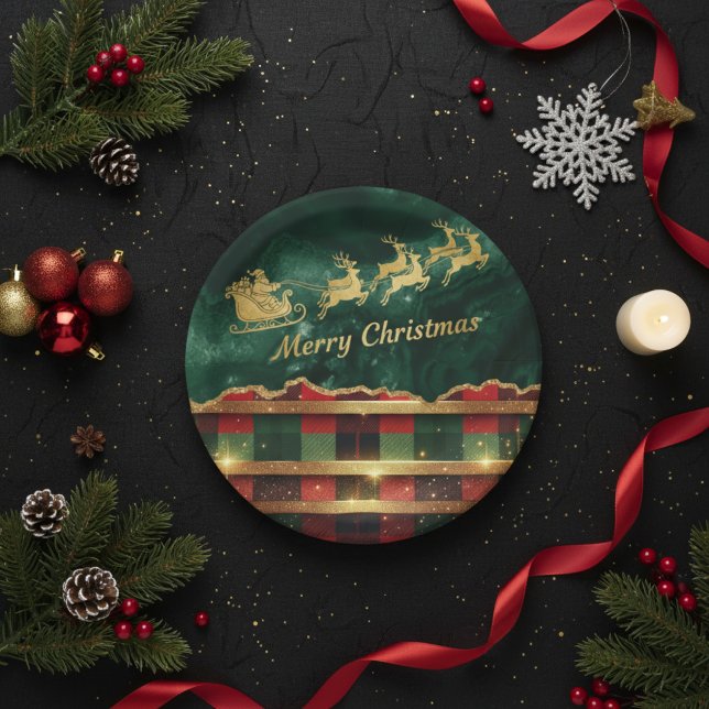 Assiettes En Carton Green Red Plaid Santa Sleigh Merry Christmas (Créateur téléchargé)