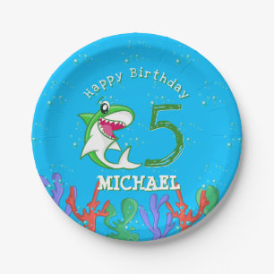 Assiettes En Carton Green Shark Cute Anniversaire de enfant Pool Party