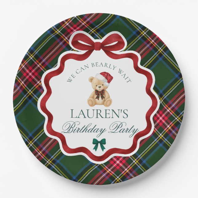 Assiettes En Carton Green Tartan Plaid Christmas Bear Birthday Party  (Devant)