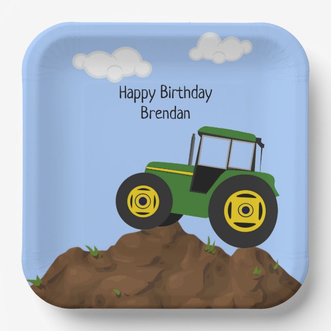 Assiettes En Carton Green Tractor Anniversaire Personnalisé (Recto)