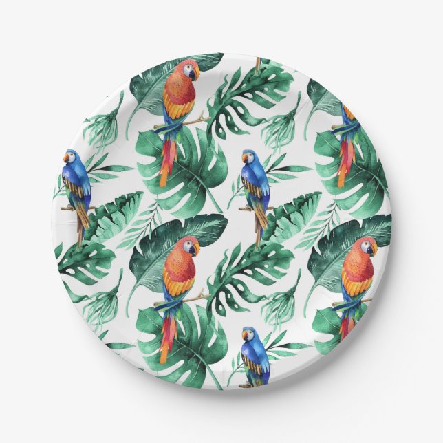 Assiettes En Carton Green Tropical Feuilles & Birds Wedding Party (Devant)