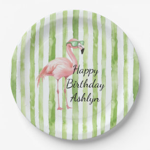Assiettes En Carton Green White Stripes Flamant rose rose Anniversaire