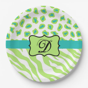Assiettes En Carton Green White Zebra Leopard Skin Monogram