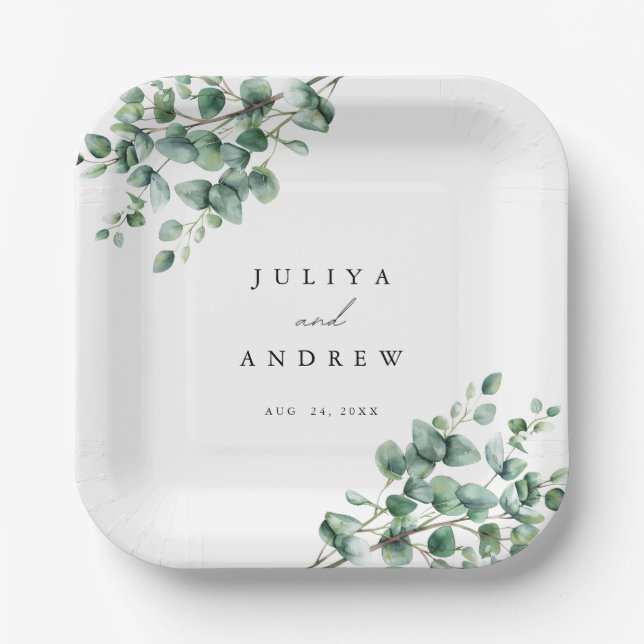 Assiettes En Carton Greenery Eucalyptus script wedding  (Recto)