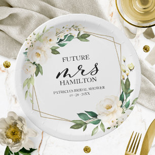 Assiettes En Carton Greenery géométrique floral blanc Baby Shower