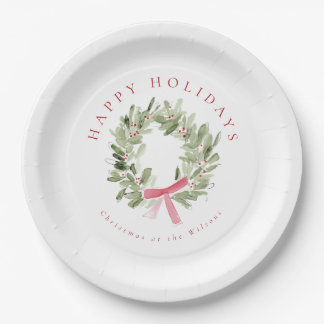 Assiettes En Carton Greenery Wreath & Red Bow Holiday