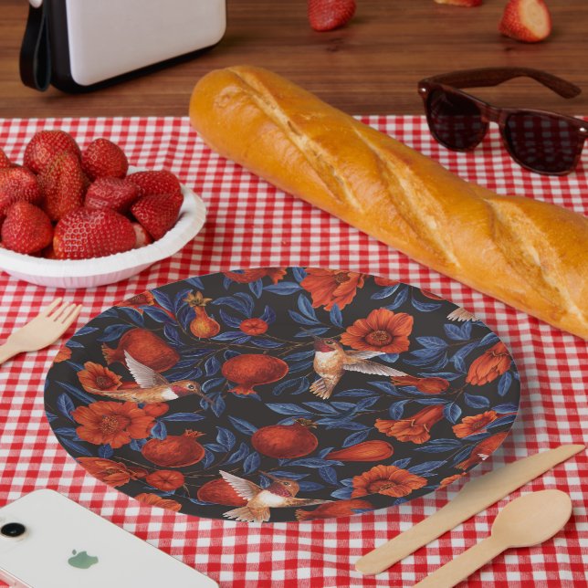 Assiettes En Carton Grenade et colibris/feuilles bleus sur noir (Pique-nique)