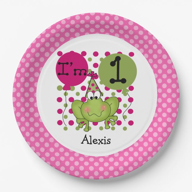 Assiettes En Carton Grenouille rose 1er Plaques de papier d'anniversai (Devant)