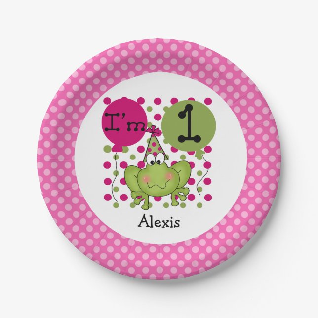 Assiettes En Carton Grenouille rose 1er Plaques de papier d'anniversai (Devant)