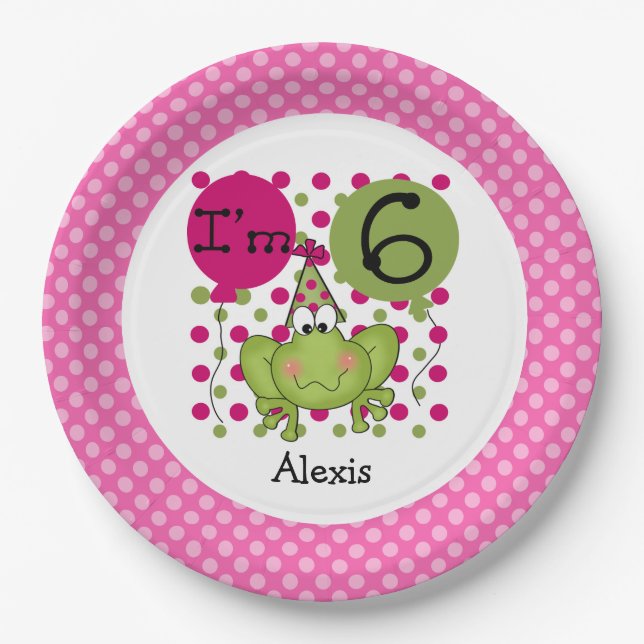 Assiettes En Carton Grenouille rose 6e Plaques de papier d'anniversair (Devant)