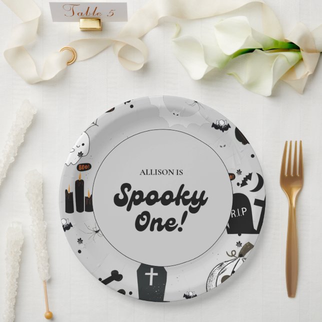 Assiettes En Carton Grey Retro Grooy Éffrayant Un Halloween 1er Annive (Mariage)