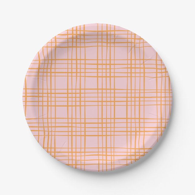 Assiettes En Carton Grille mignonne Lignes Motif Pastel rose et orange (Devant)