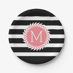 Assiettes En Carton Grilles noires et blanches monogrammes et couronne