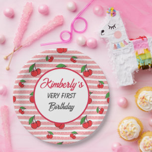 Assiettes En Carton Grilles roses mignonnes personnalisées avec cerise