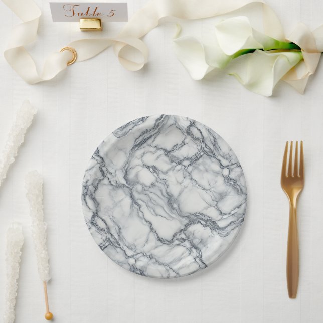 Assiettes En Carton Gris chic et aspect marbre blanc Glamour (Mariage)