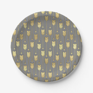 Assiettes En Carton Gris et motif de flèches d'or de Faux