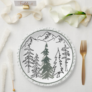 Assiettes En Carton Gris et vert minimaliste Montagnes extérieures Arb