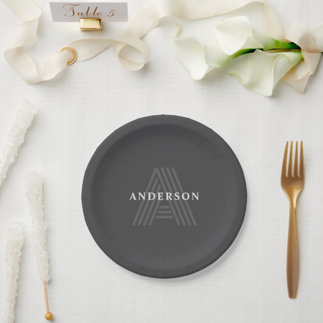Assiettes En Carton Gris foncé Rétro Moderne Monogramme Nom (Mariage)
