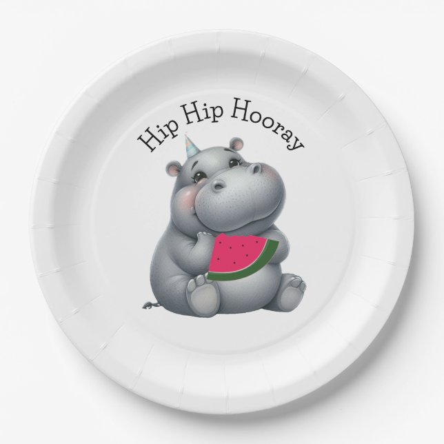 Assiettes En Carton Gris Hippopotame Pastèque Anniversaire  (Devant)