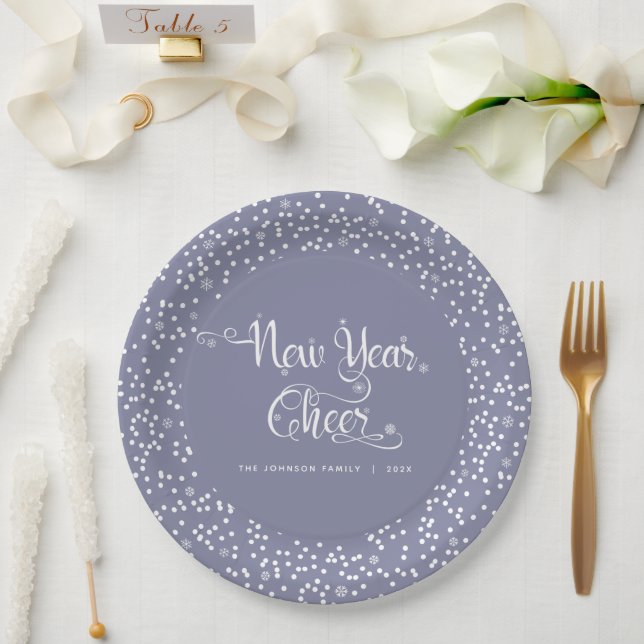 Assiettes En Carton Gris Nouvel An Cheval White Snowflakes Script pers (Mariage)