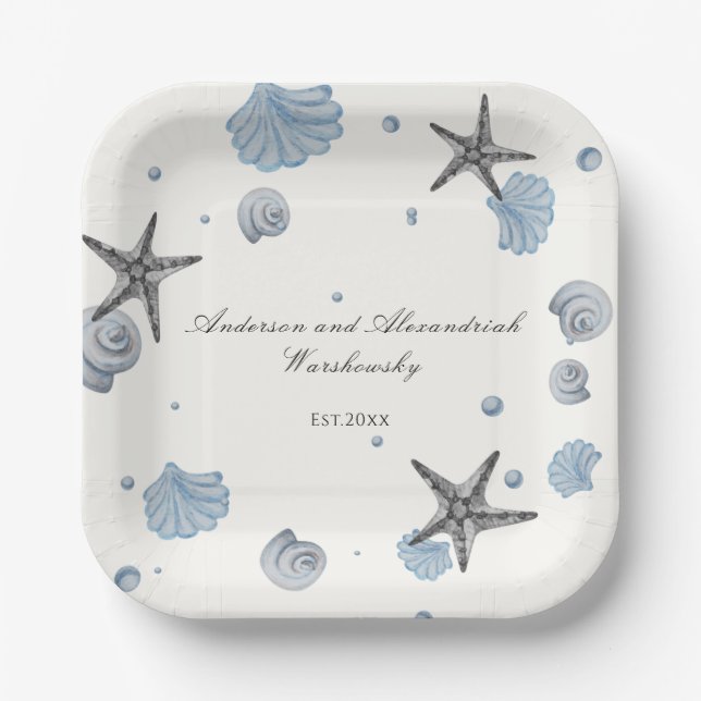 Assiettes En Carton Gris Starfish Blue Shell Beach Wedding (Recto)