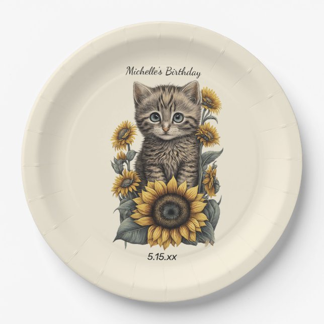 Assiettes En Carton Gris Tabby Chat Kitten Tournesols Anniversaire (Devant)
