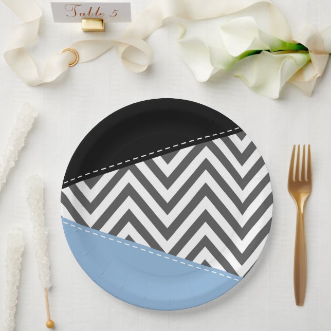 Assiettes En Carton Gris Zigzag, Gris Chevron, Motif Zigzag, Bleu (Mariage)